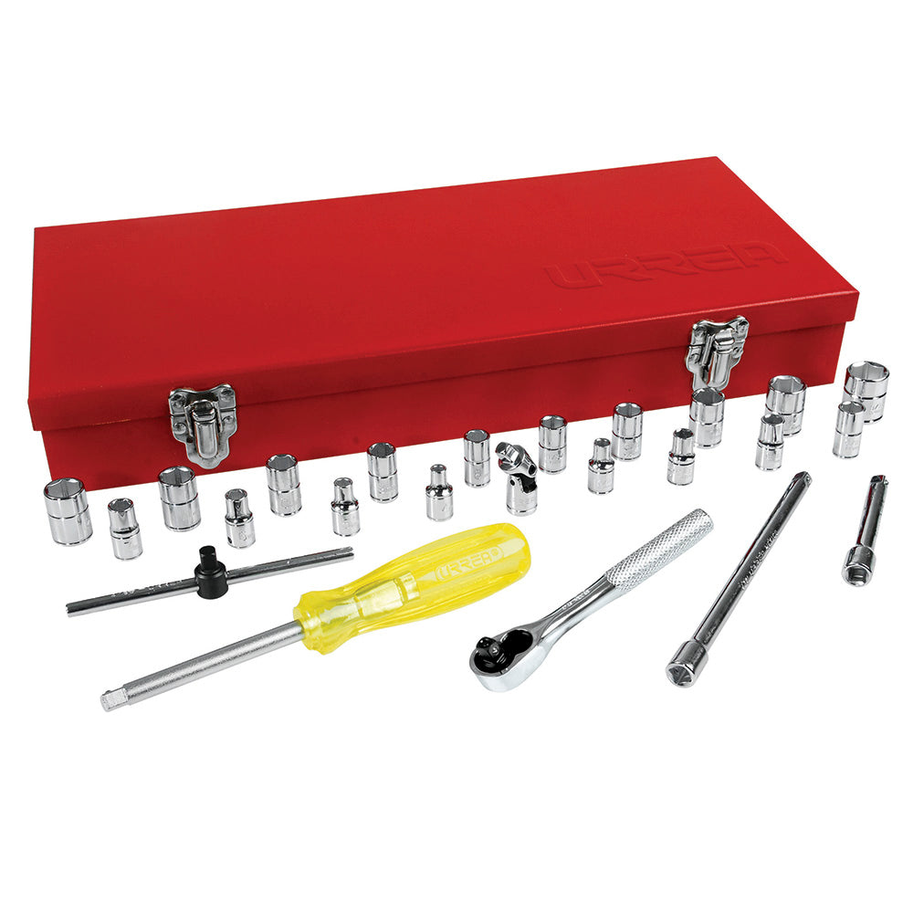 JUEGO DADOS Y ACCESORIOS 1/4" 6 PUNTAS PULGADAS Y MILIMETRICO (25PZAS) URREA 4700CM