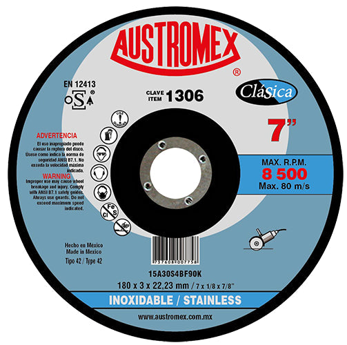 DISCO CORTE INOX 7" X 1/8 X 7/8 CENTRO DEPRIMIDO CLASICA AUSTROMEX 1306