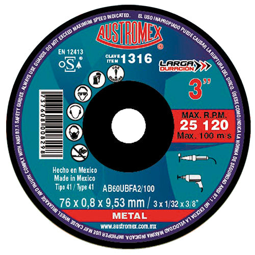 DISCO CORTE METAL 3" X 1/32" X 3/8" (MOTOTOOL / TALADRO) AUSTROMEX 1316