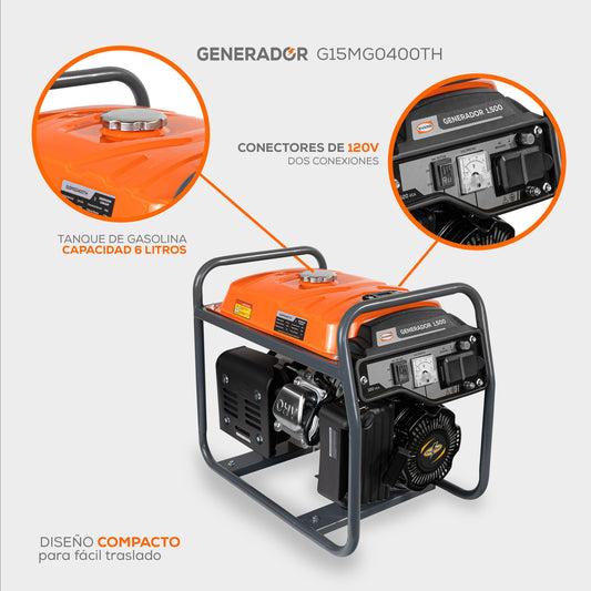 GENERADOR 1500W 4HP MOTOR GASOLINA TANQUE 6lts MONO EVANS G15MG0400TH