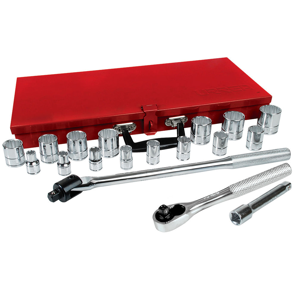 JUEGO DADOS Y ACCESORIOS 1/2" 12 PUNTAS PULGADAS (19PZAS) URREA 54120