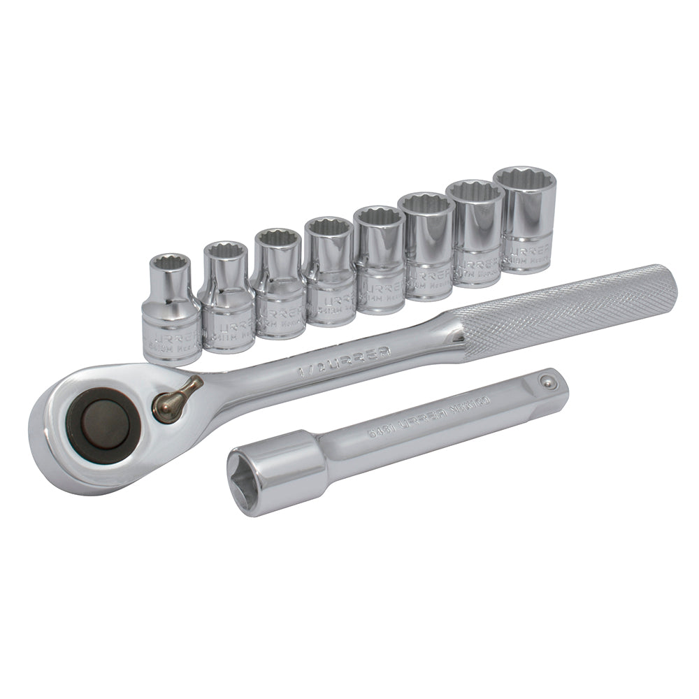 JUEGO DADOS Y ACCESORIOS 1/2" 12 PUNTAS EN RIEL MILIMETRICO (10PZAS) URREA JBUA01M