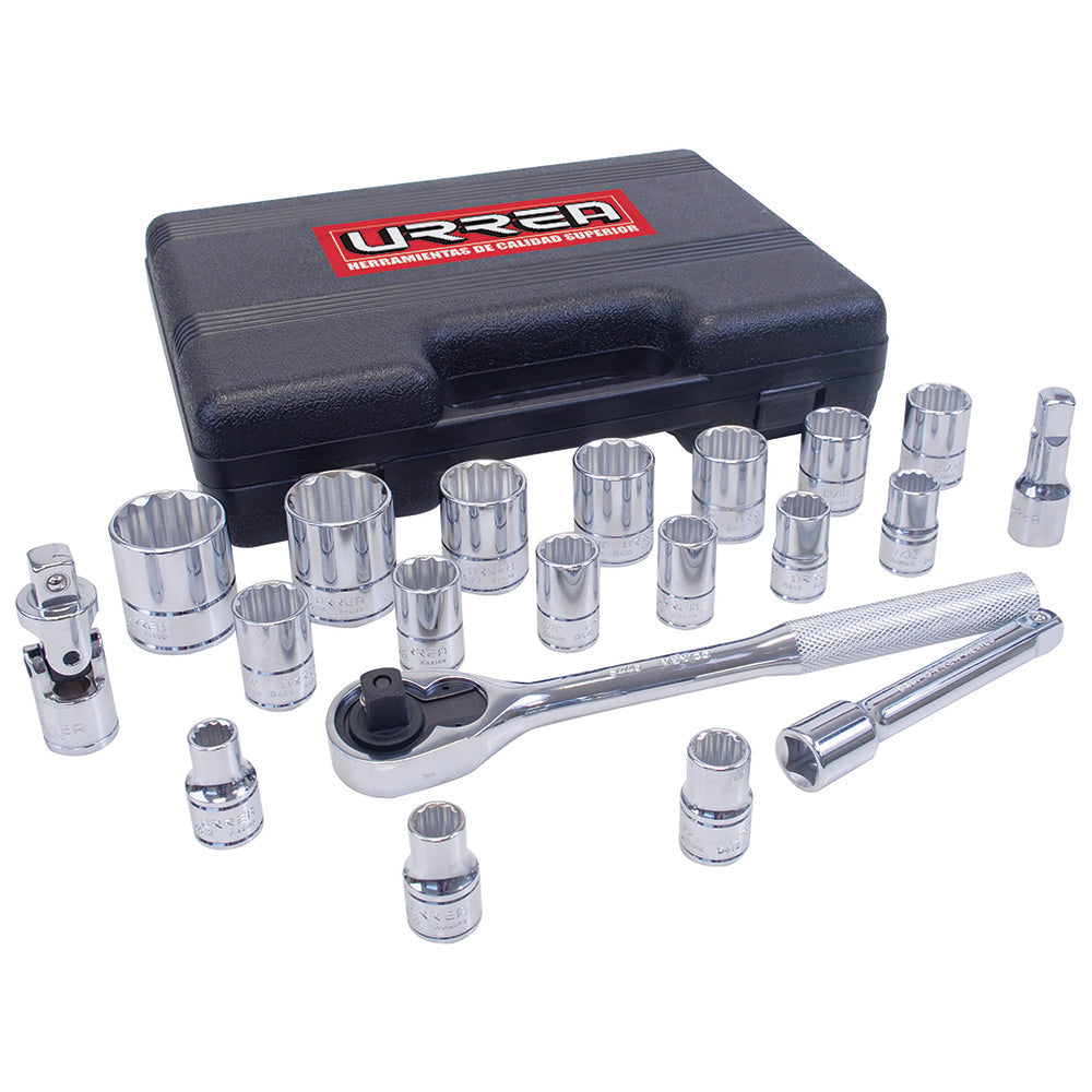 JUEGO DADOS Y ACCESORIOS 1/2" 12 PUNTAS PULGADAS (20PZAS) URREA 5400PB