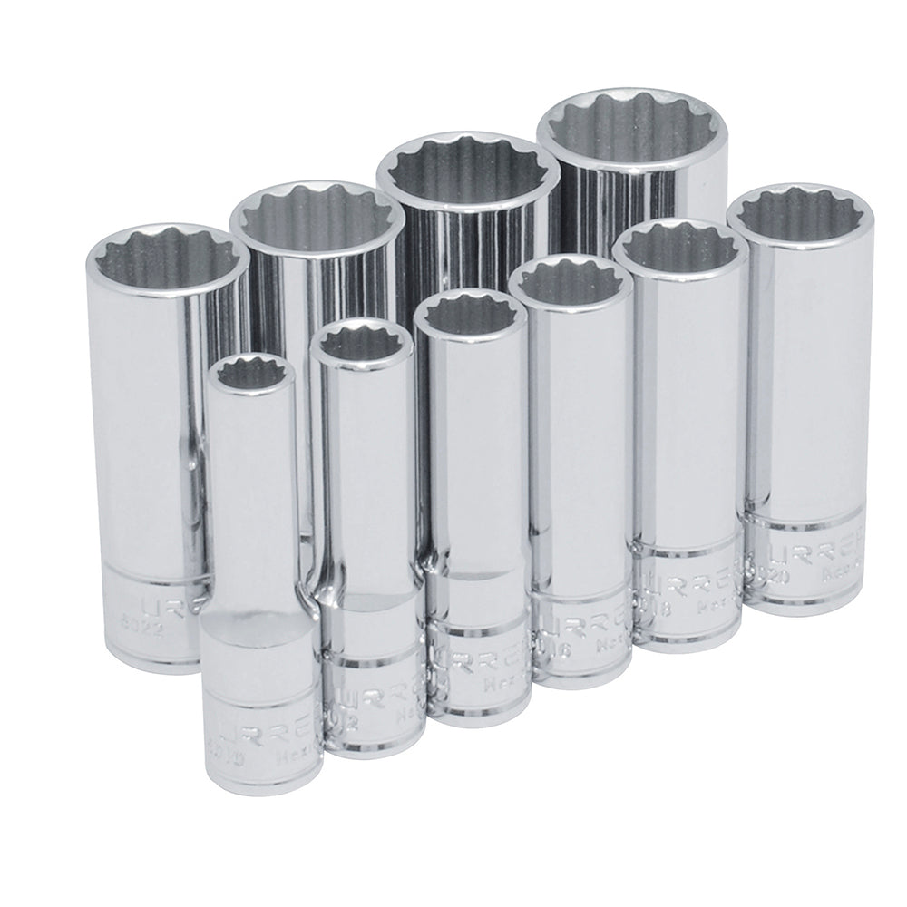 JUEGO DADOS EN RIEL LARGOS 12 PUNTAS PULGADAS 3/8" (10 PZAS) URREA 52107