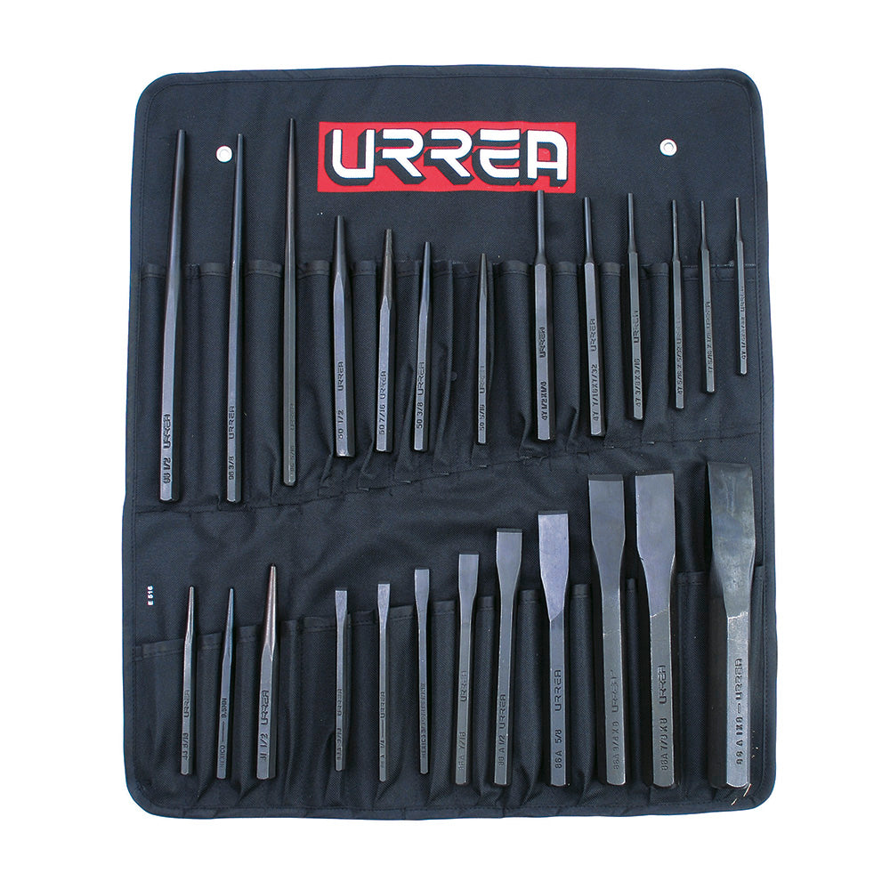 JUEGO PUNTOS, PUNZONES , CINCELES Y BOTADORES 26 PIEZAS URREA NO.46