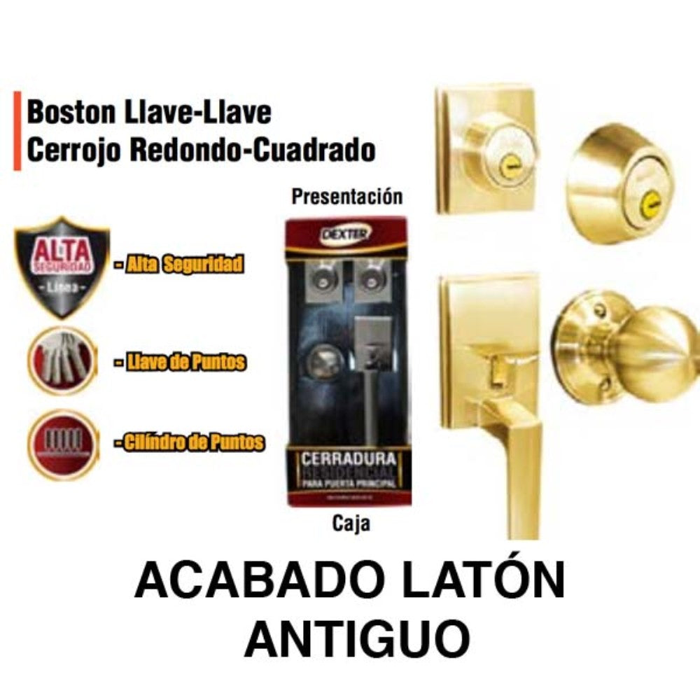 CERRADURA RESIDENCIAL BOSTON LLAVE-LLAVE LATON ANTIGUO DEXTER 6305
