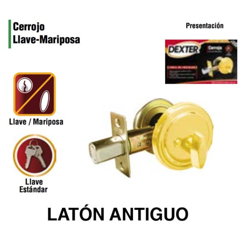 CERROJO LLAVE-MARIPOSA LATON ANTIGUO (CAJA) DEXTER 6634