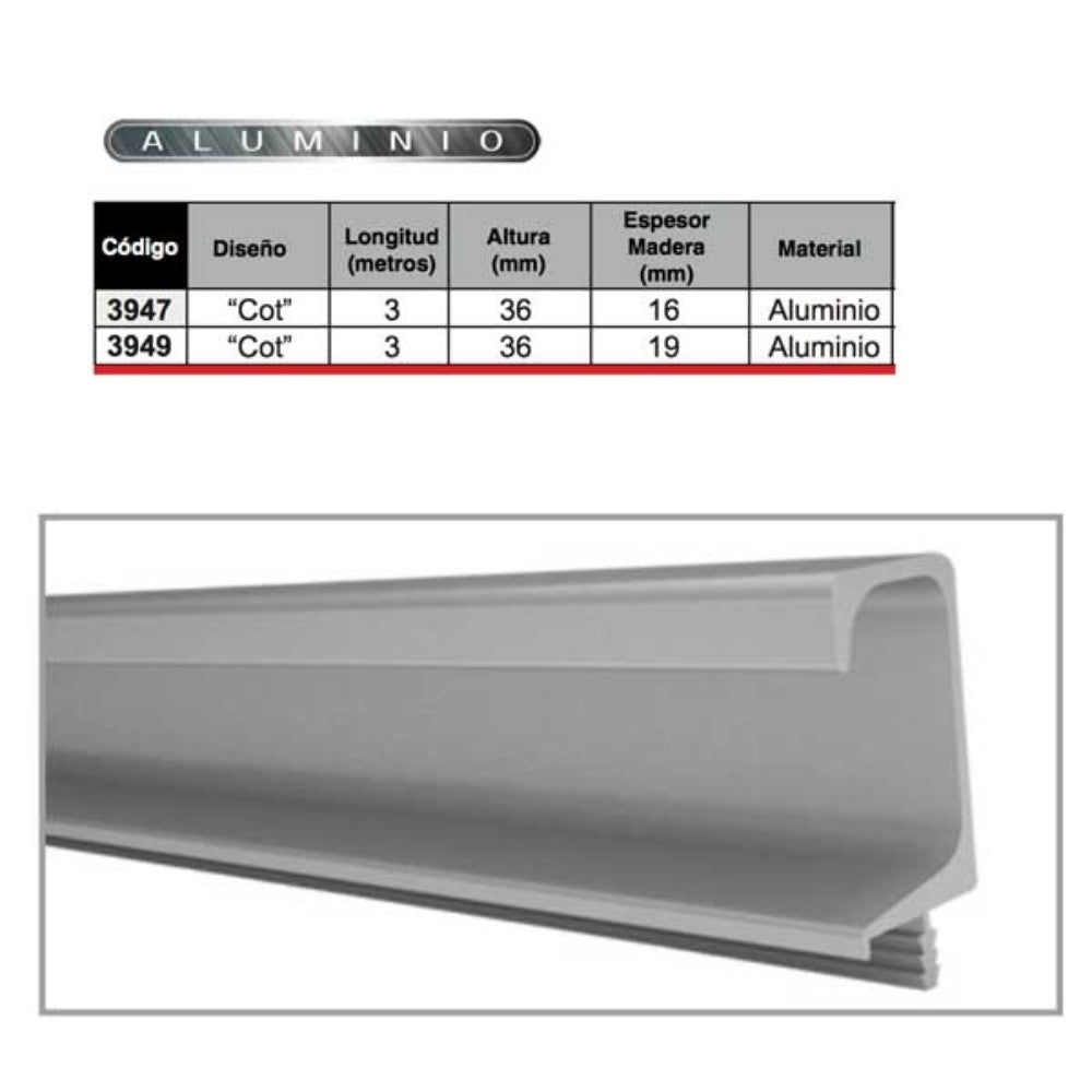 PERFIL JALADERA "COT" 3m 16mm ALUMINIO HANDYHOME 3947