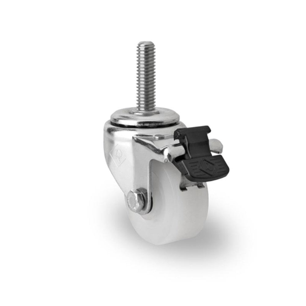 RODAJA INDUSTRIAL 2" POLIETILENO ESPIGA ROSCA 7/16" Y FRENO INOX BUJE HI516POLTFR 45kg