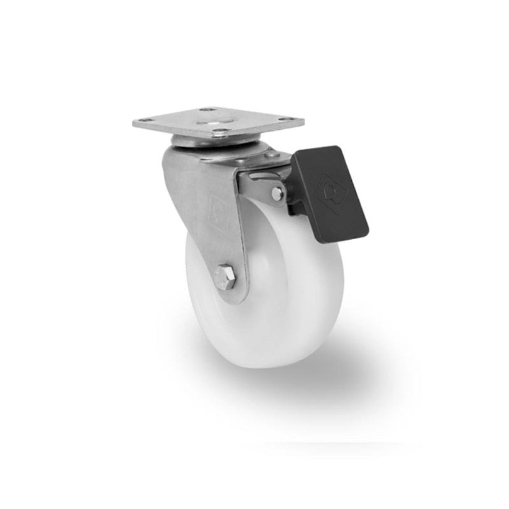 RODAJA INDUSTRIAL 4" NYLON PLACA GIRATORIA SERIE 2 Y FRENO INOX BUJE H2I101PGGANYFRIN 220kg