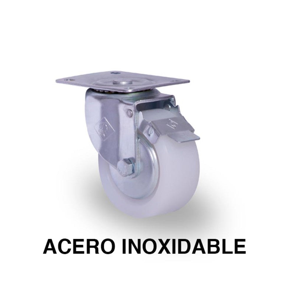 RODAJA INDUSTRIAL 4" POLIETILENO PLACA GIRA Y FRENO INOX HI101PGPOLFRINOX 160kg