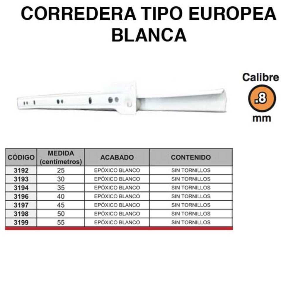 CORREDERAS (JUEGO) TIPO EUROPEO 45 CM BLANCA .8mm S/TORNILLO HANDYHOME 3197
