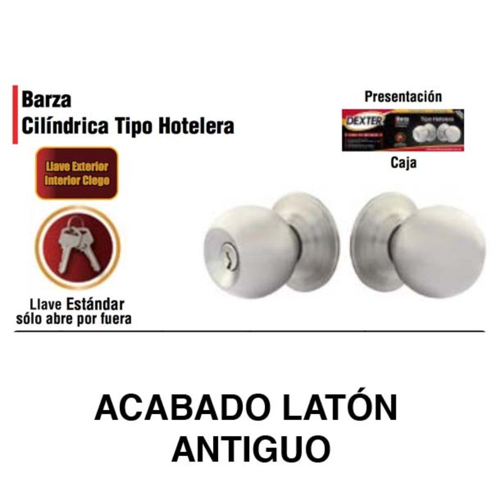 CERRADURA DE PERILLA BARZA LLAVE-CIEGA LATON ANTIGUO (HOTELERA) DEXTER 6688