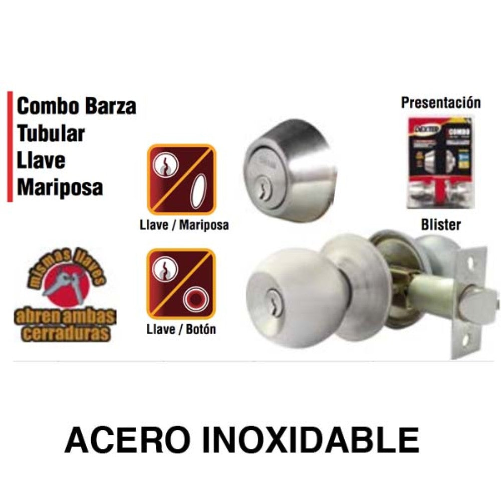 COMBO PERILLA Y CERROJO BARZA LLAVE-MARIPOSA ACERO INOX DEXTER 6704