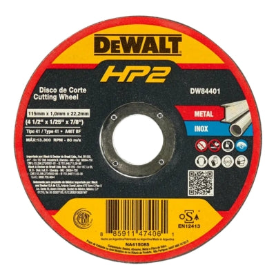 DISCO CORTE METAL HP2 4-1/2" X 1/25" X 7/8" DEWALT DW84401