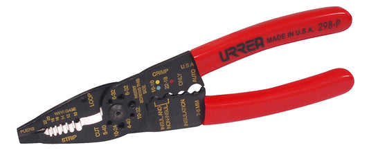 PINZA PELACABLE 10-22AWG CON PONCHA TERMINALES Y CORTA TORNILLOS URREA 298P