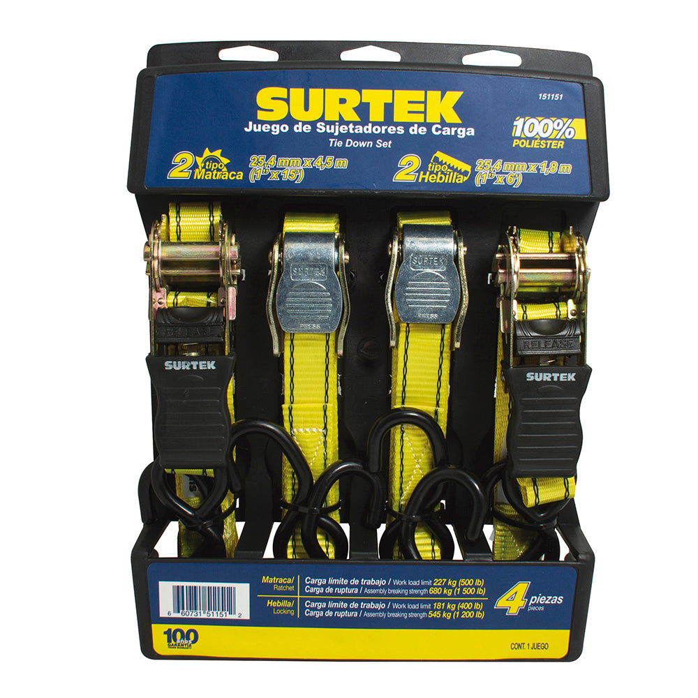 SUJETADORES (JUEGO 4PZ) CON MATRACA Y HEBILLA 1" X 1.8M Y 4.5M SURTEK 151151