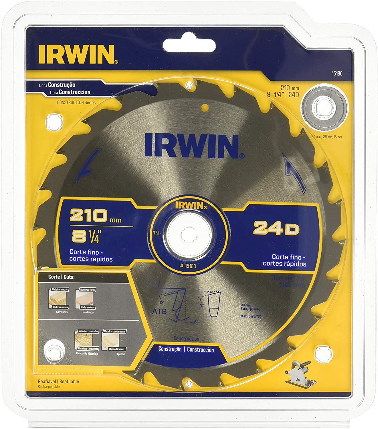 SIERRA CIRCULAR CARBURO TUNGSTENO 8-1/4" X 24D CARB IRWIN 15180