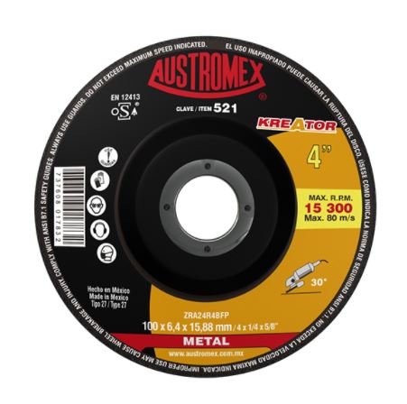 DISCO DESBASTE METAL 4" X 1/42 X 5/8" KREATOR AUSTROMEX 521