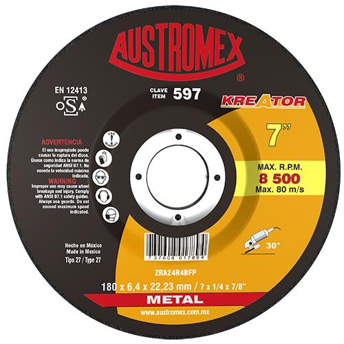 DISCO DESBASTE METAL 7" X 1/4" X 7/8" KREATOR AUSTROMEX 597
