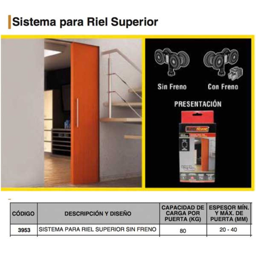 SISTEMA CORREDIZA RIEL SUPERIOR SIN FRENO HANDYHOME 3953