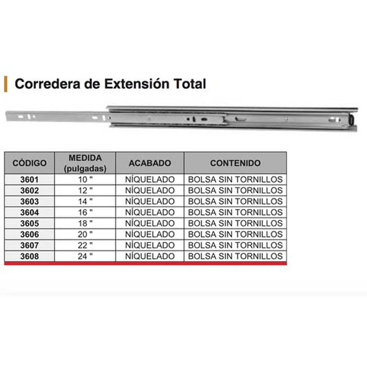 CORREDERAS (JUEGO) DE EXTENSION TOTAL 16" NIQUEL S/TORNILLO HANDYHOME 3604