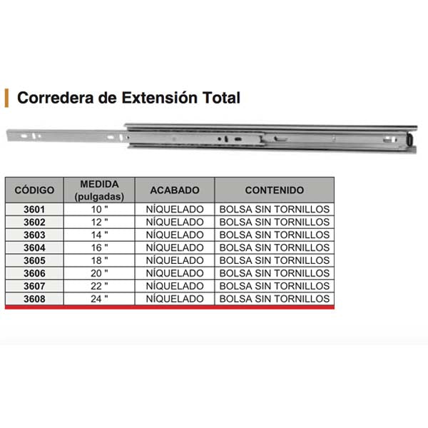 CORREDERAS (JUEGO) DE EXTENSION TOTAL 20" NIQUELADO S/TORNILLO HANDYHOME 3606