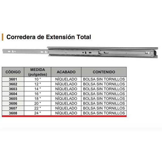 CORREDERAS (JUEGO) DE EXTENSION TOTAL 20" NIQUELADO S/TORNILLO HANDYHOME 3606