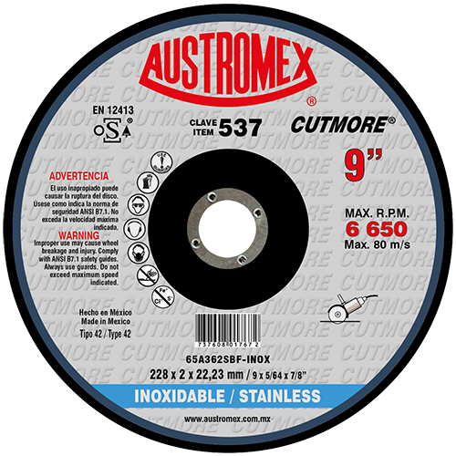DISCO CORTE INOX 9'' X 5/64" X 7/8" CENTRO DEPRIMIDO CUTMORE AUSTROMEX 537