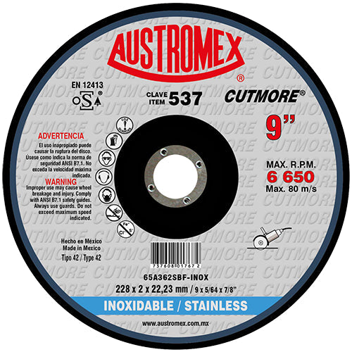 DISCO CORTE INOX 9'' X 5/64" X 7/8" CENTRO DEPRIMIDO CUTMORE AUSTROMEX 537