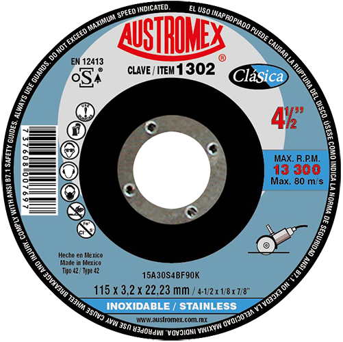 DISCO CORTE INOX 4-1/2" X 1/8" X 7/8" CENTRO DEPRIMIDO CLASICA AUSTROMEX 1302