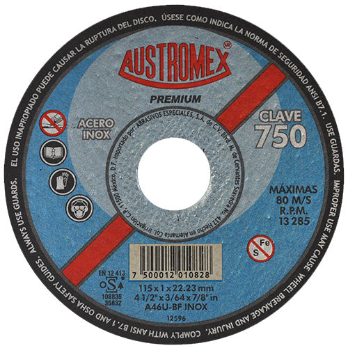 DISCO CORTE INOX 4-1/2 X 3/64 X 7/8 PREMIUM AUSTROMEX 750