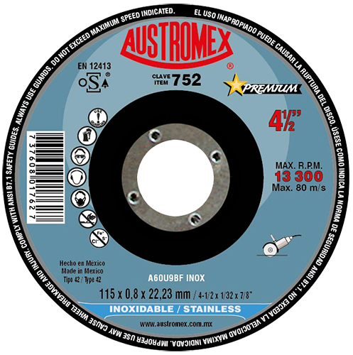 DISCO CORTE INOX 4-1/2 X 1/32 X 7/8 CENTRO DEPRIMIDO PREMIUM AUSTROMEX 752