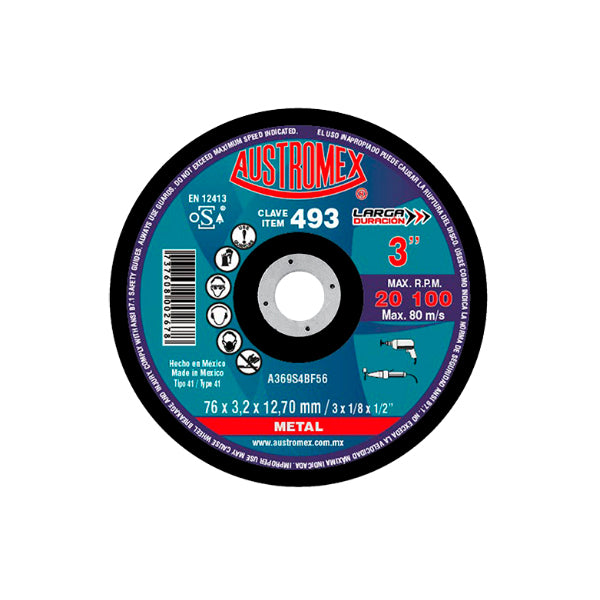 DISCO CORTE METAL 3'' X 1/8 X 1/2 (MOTOTOOL TALADRO)  AUSTROMEX 493