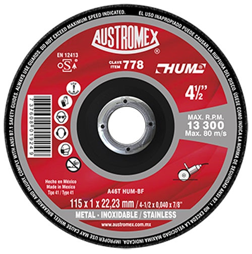 DISCO CORTE METAL 4-1/2 X 3/64 X 7/8 SUPER DELGADO HUM AUSTROMEX 778