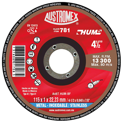 DISCO CORTE INOX 4-1/2 X 3/64 X 7/8 HUM AUSTROMEX 781