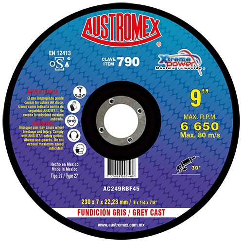DISCO DESBASTE FUNDICION GRIS 9" X 1/4" X 7/8" MAXIMA REMOCION AUSTROMEX 790