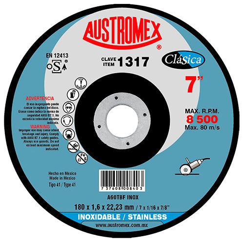 DISCO CORTE INOXIDABLE 7" X 1/16 X 7/8 CLASICA AUSTROMEX 1317