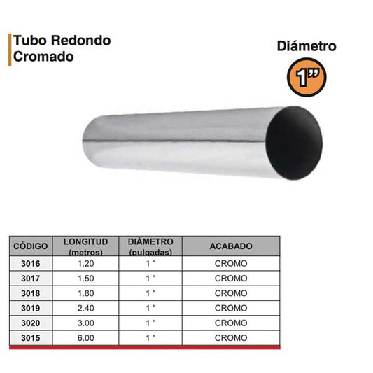 TUBO REDONDO CROMADO CLOSET/BAÑO 1"x 3mts HANDYHOME 3020