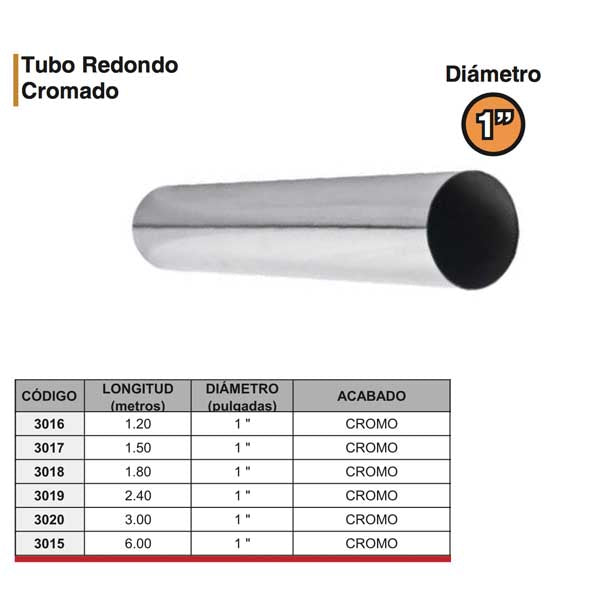 TUBO REDONDO CROMADO CLOSET/BAÑO 1" x 6mts HANDYHOME 3015