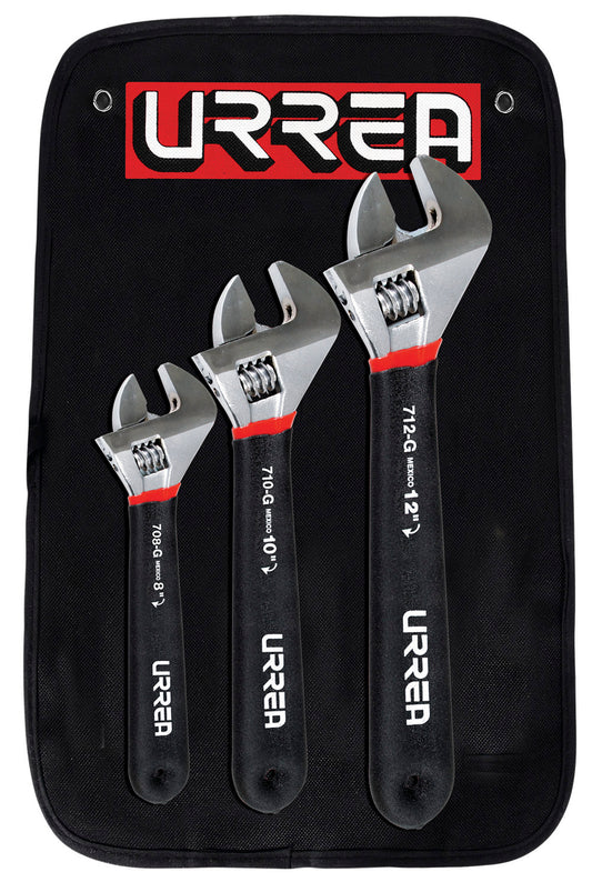 LLAVE AJUSTABLE (JUEGO 3PZ 8", 10" Y 12") CROMADAS RUBBER GRIP URREA 795G
