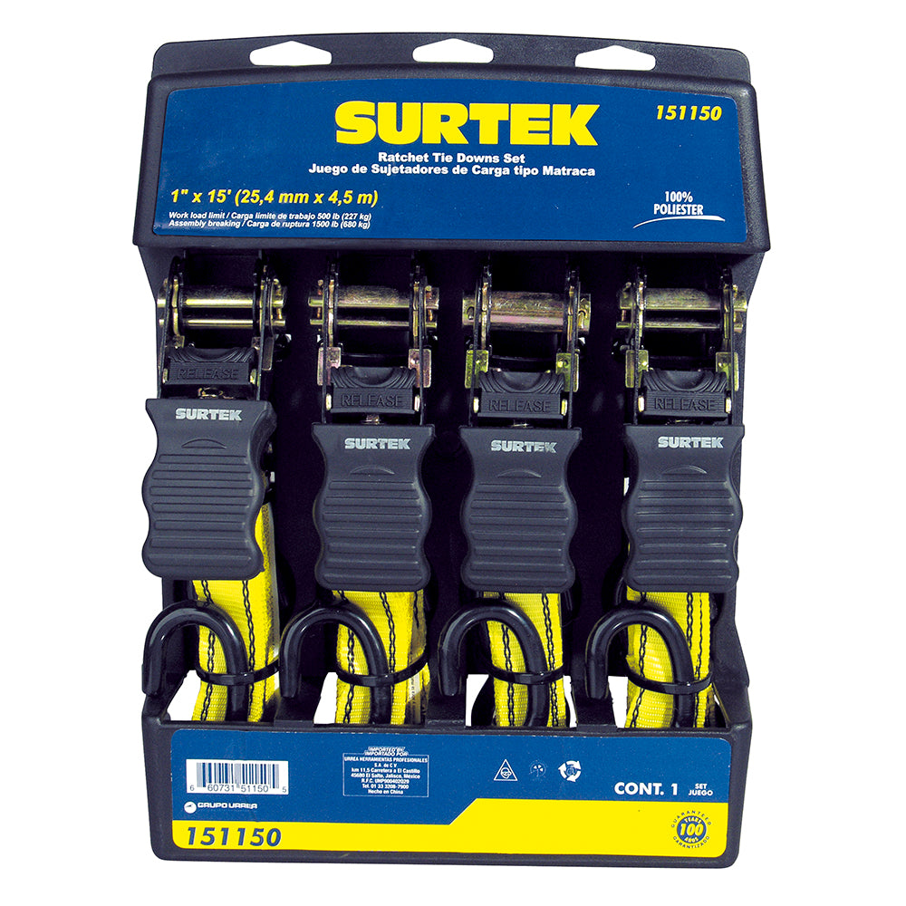 SUJETADORES (JUEGO 4PZ) C/MATRACA 1" X 4.5 METROS SURTEK 151150