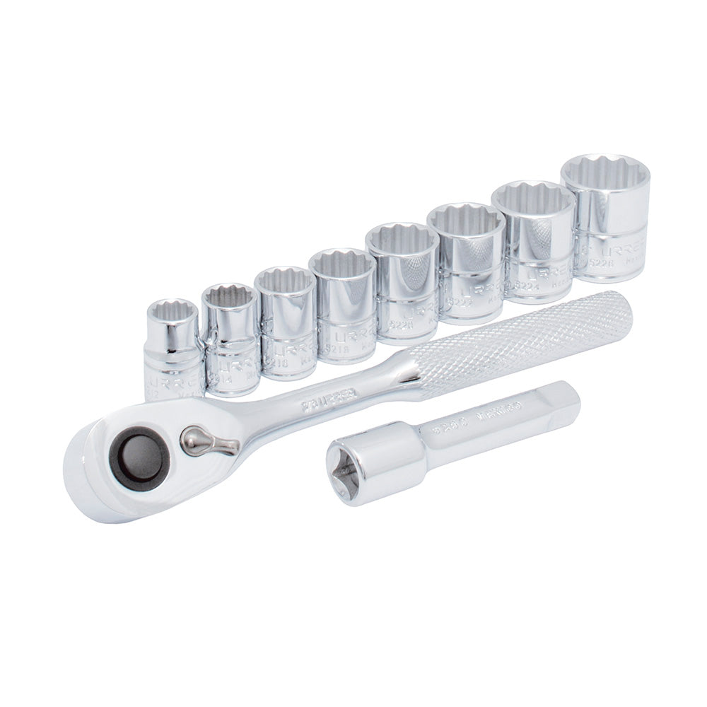JUEGO DE 10 DADOS Y ACCESORIOS METRICOS 3/8" URREA JBUA02M