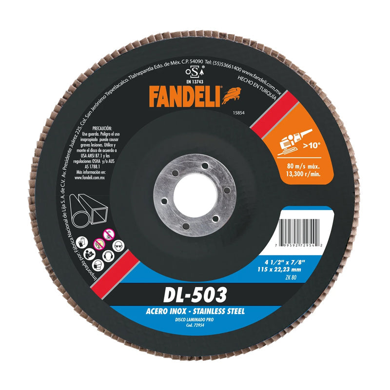 DISCO LAMINADO INOX 4-1/2 X 7/8 GRANO 80 DL-503 FANDELI 72954