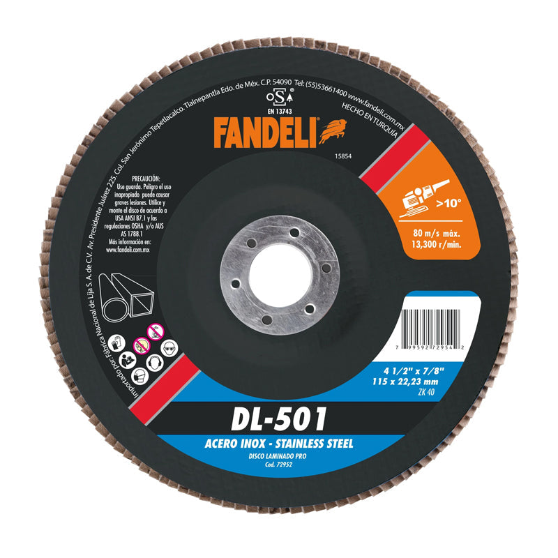 DISCO LAMINADO INOX 4-1/2 X 7/8 GRANO 40 DL-501 FANDELI 72952