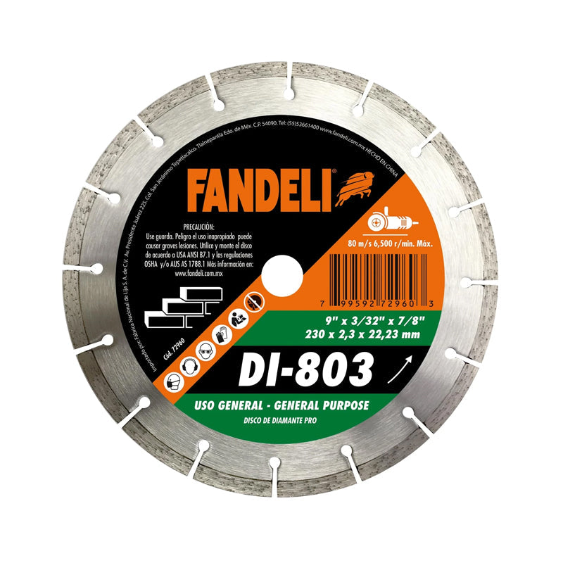 DISCO DIAMANTE SEGMENTADO 9" X 7/8 USO GENERAL DI-803 FANDELI 72960