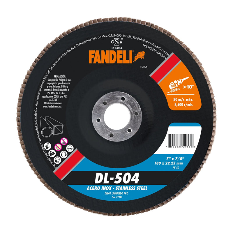 DISCO LAMINADO INOX 7" X 7/8 GRANO 40 DL-504 FANDELI 72955/73737