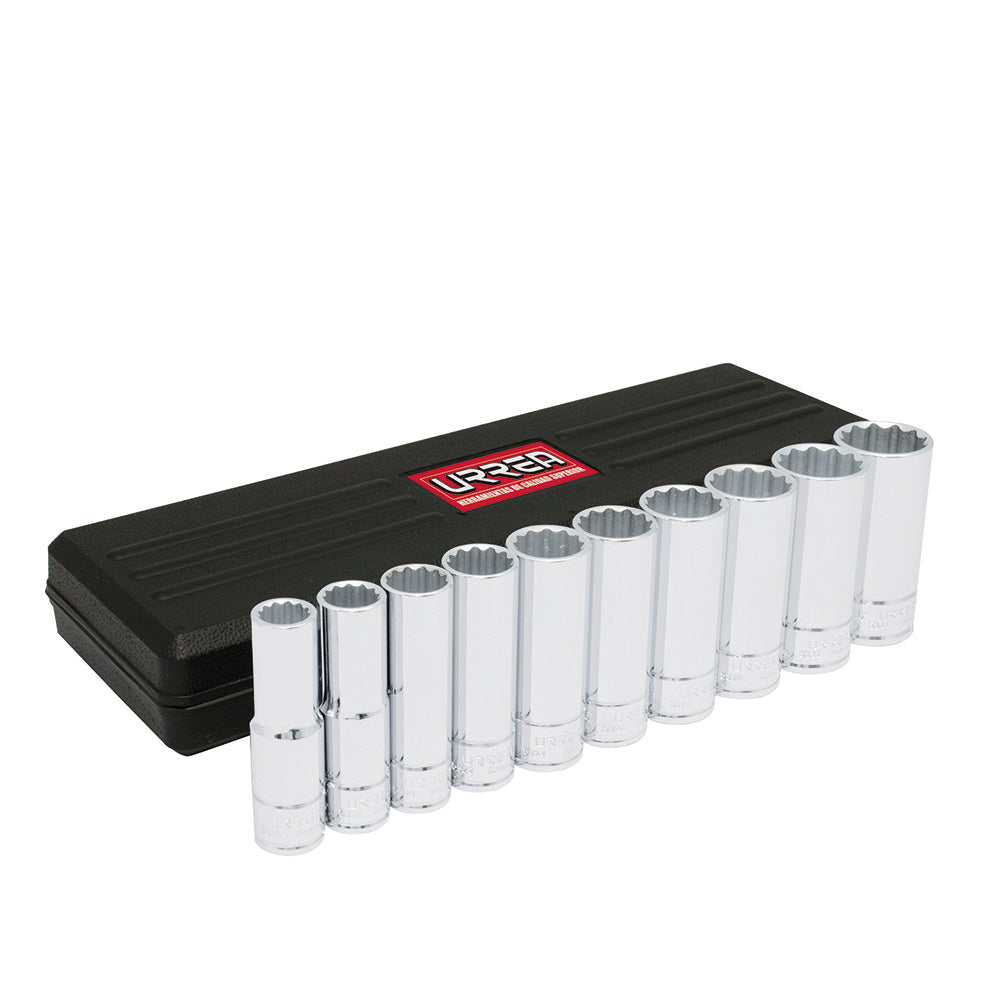 JUEGO DADOS CON ESTUCHE 1/2" 12PUNTAS LARGOS PULGADAS (10PZAS) URREA 5400PH