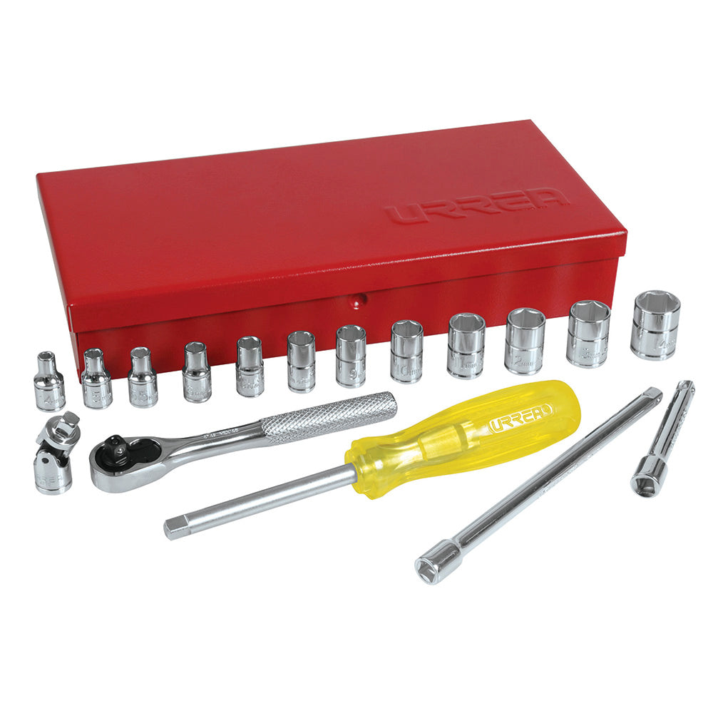 JUEGO DADOS Y ACCESORIOS 1/4" 6 PUNTAS MILIMETRICO (18PZAS) URREA 47205