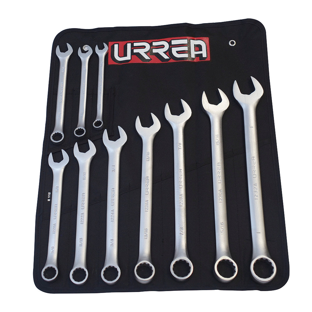 LLAVES COMBINADAS (JUEGO 10PZ) SATINADAS 12 PUNTAS EN PULGADAS URREA 1200GA